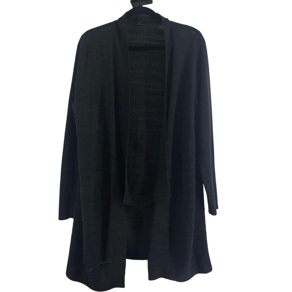 EILEEN FISHER Long 100% Wool Cardigan Sweater Large Charcoal Gray
